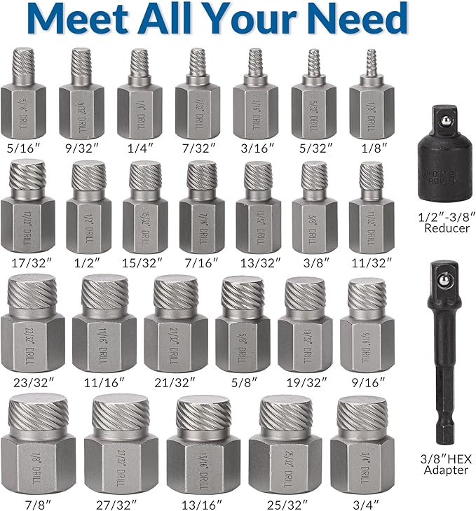 27PCS Screw Extractor Set, Easy Out Bolt Extractor kit with 3/8" Inch Drive Hex-Head, Multi-Spline Rounded Bolt Remover tool for Removing Damaged Studs, Bolts, Screws