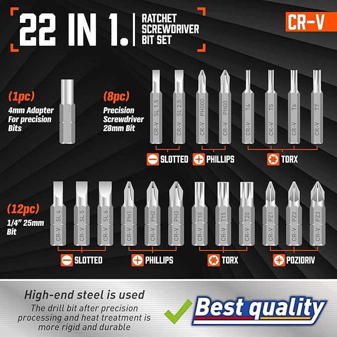 Amartisan 22 IN 1 Ratchet Screwdriver Set, Precision Multi-bit Ratchet Screw Drivers, Slotted/Philips/Pozi/Torx