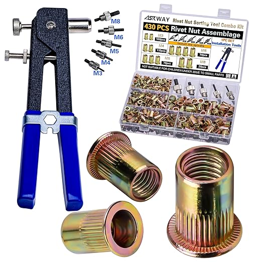 Pressure Rivet Nut Tool Kit, 430Pcs Metric Rivet Nut Combination (M8/M6/M5/M4/M3), Suitable for Furniture, Decoration, Automotive, Marine and Industrial Applications (CarbonSteelRivetNutTool)