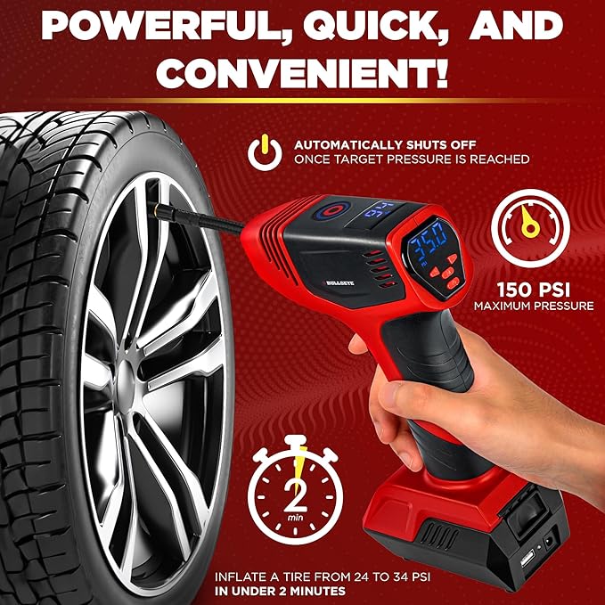 BULLSEYE PRO Tire Inflator with Pressure Gauge, Compact and Portable, Automatic Shut Off, 150 PSI Max, USB Home Rechargeable and Cord for Vehicular Use As Seen On TV (9475)