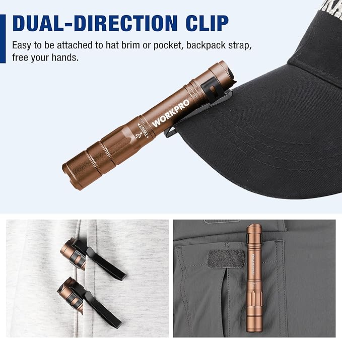 WORKPRO Rechargeable Pen Light, Mini Flashlight, 2 Pack Ultra-Compact EDC Flashlight, Pocket Flashlight with Clip, Memory Function and 2 x USB C Cable Included, Brown