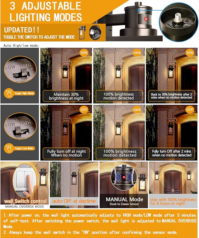 2 Pack Motion Sensor Outdoor Wall Lights Dusk to Dawn Outdoor Wall Lantern Porch Lights Outdoor Wall, Matte Black Wall Mount Vintage Outdoor Garage Lights Exterior Patio Wall Light Fixtures