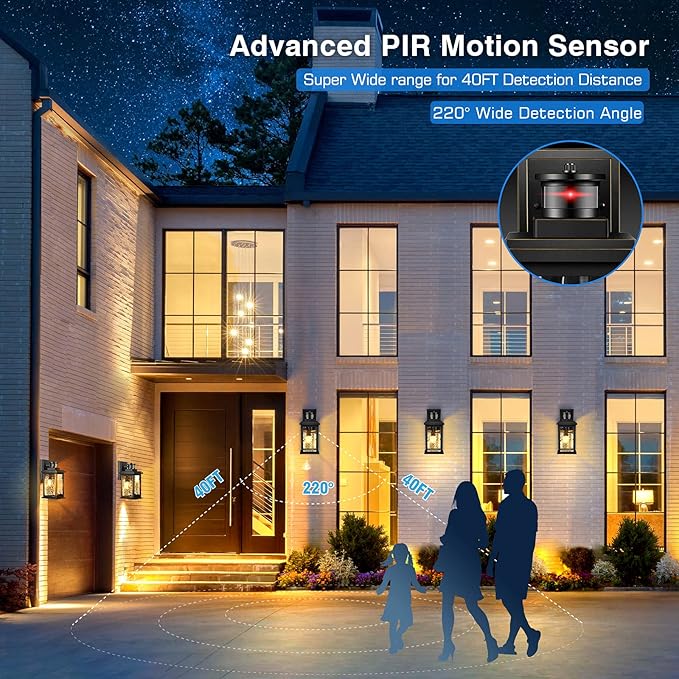 Motion Sensor Outdoor Lights Wall Mount, Dusk to Dawn Exterior Light Fixture ,100% Anti-Rust Aluminum Waterproof Porch Light Outside Wall Lights for House, Black Wall Sconce Lanterns with Water Glass…