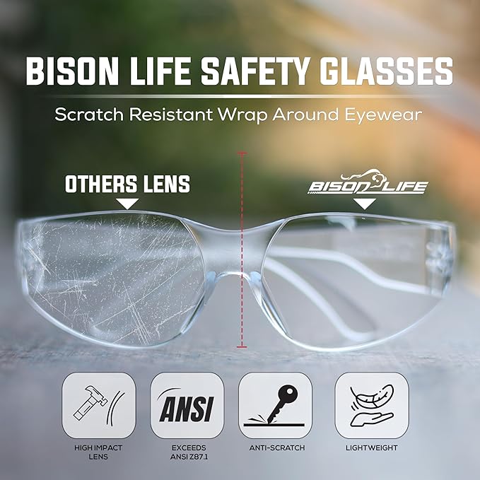 BISON LIFE Safety Glasses - Scratch Resistant Wrap Around Eyewear, Polycarbonate ANSI Z87.1 Impact Resistant Lens
