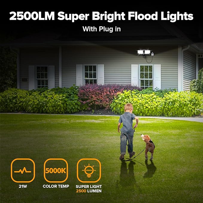 LUTEC 21W Plug in Motion Sensor Light Outdoor, Flood Lights Outdoor Motion Sensor,2500LM, 5000K Daylight,IP65 Waterproof,Adjustable 2 Heads Wall Light for Garage, Porch, Yard - Black