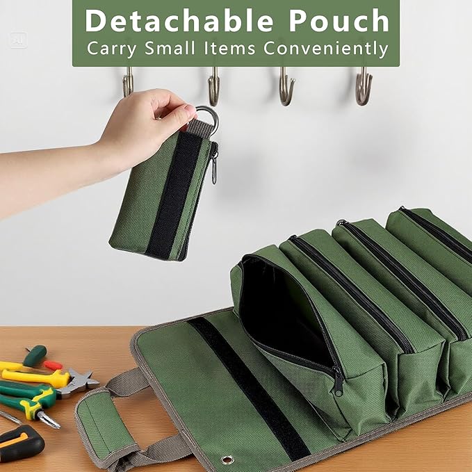 Roll Up Tool Bag Organizer, Tool Bags for Men, Tool Roll Bag with 2 Detachable Zipper Pouches, Heavy Duty Tool Bag for Dad Birthday, Father’s Day Gifts, Handyman or RV Owners (Green)