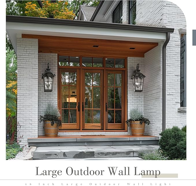 Emliviar 48 Inch Vintage Outdoor Light Wall Mount, 3-Light Extra Large Exterior Light Fixture for Porch with Water Glass Shade, Black Finish with Gold Edges, WE215B-XB BG