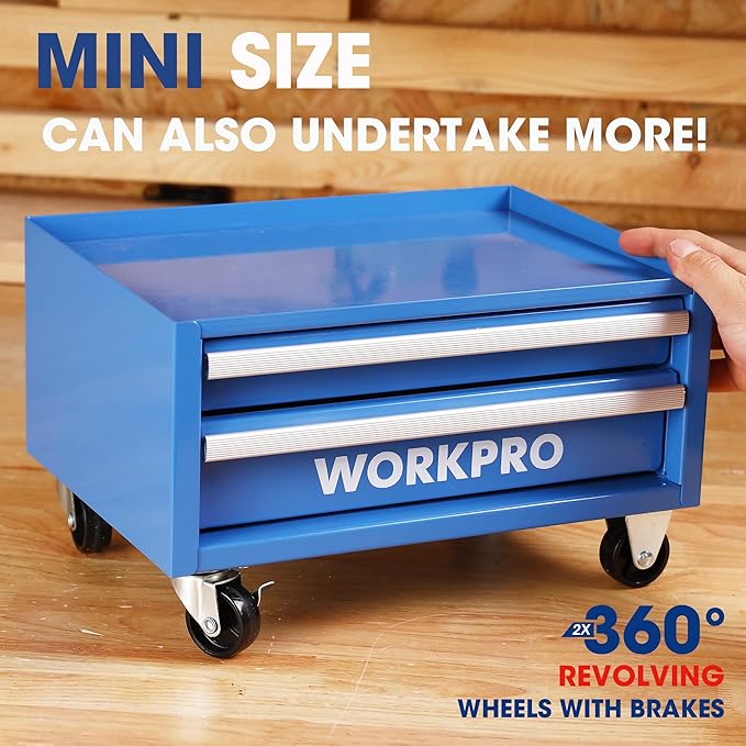 WORKPRO Kids Real Tool Set with 12 Inch Steel Tool Chest with Wheels, 10PCS Boys First Tool Set with 2 Drawers Blue Metal Rolling Tool Chest, Kids Woodworking Tools for DIY, Home Repair