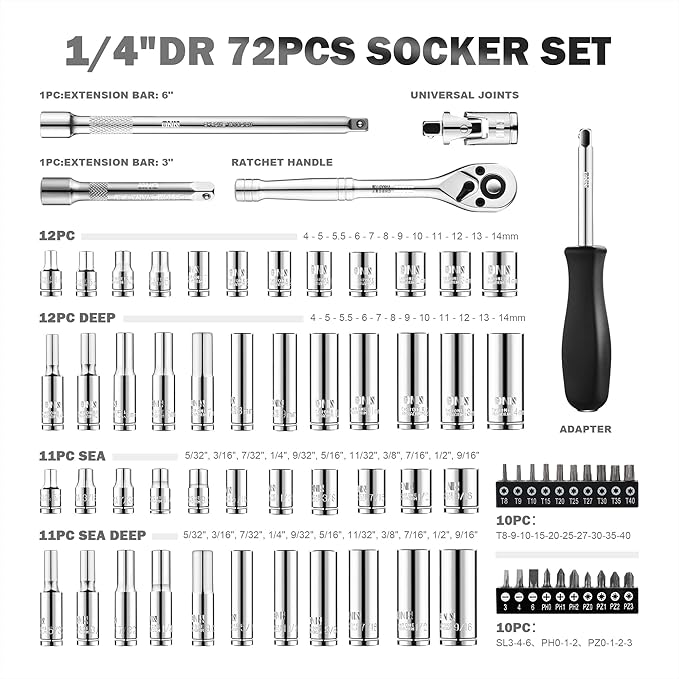 DNA MOTORING TOOLS-00144 72-Piece 1/4" Drive Socket Set with Ratchets, Adapters, Extensions - 4mm -14mm, 5/32 Inch- 9/16 Inch, Cr-V