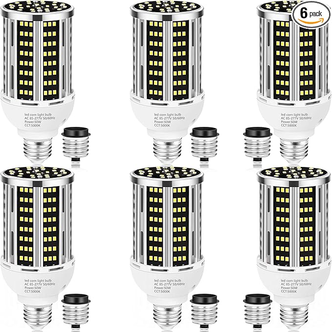 50W LED Corn Light Bulb(6 pack),5000K (500W Equivalent ) Commercial Grade Daylight E26/E39 6500LM Medium Mogul Base LED Lamp,Large Area Lights For Outdoor Indoor Garage Warehouse Factory Bay Light