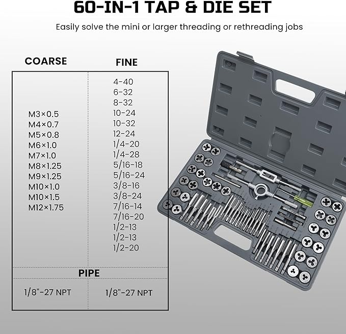 60pcs SAE & Metric Tap and Die Set, Metric Standard Rethreading Tool Kit, Coarse and Fine Threads for Cutting External and Internal Threads, Essential Repair Tool Kit with Storage Case