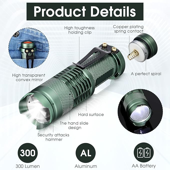 Fumete 20 Pieces LED Flashlight Mini 3 Mode Tactical Torch Small Water Resistant Pocket Flash Light Adjustable Focus Light Pen for Men, Father, Indoor Outdoor Hiking(Dark Green)
