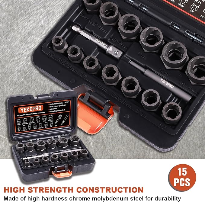 15 PCS Bolt Extractor Set, 3/8" Drive Impact Bolt & Nut Remover Socket Tool Kit, Stripped For Damaged, Frozen, Studs, Rusted, Rounded-Off Bolts, Nuts & Screws, Cr-Mo Steel, T38215