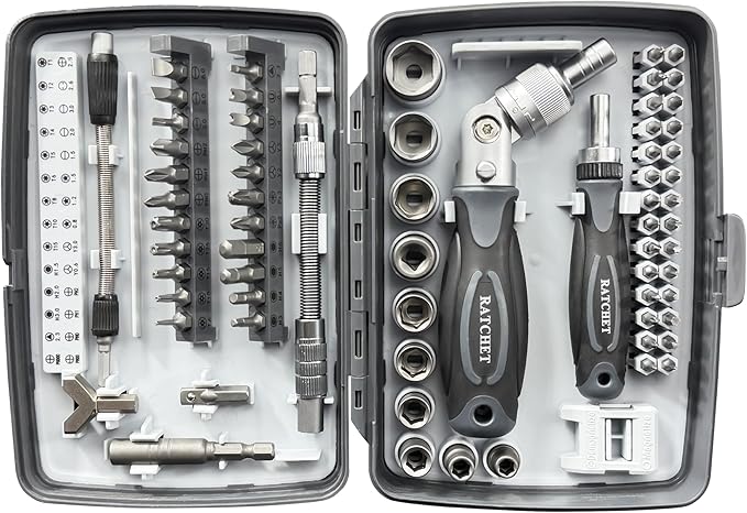 Precision Ratcheting Screwdriver Set, 68 in 1 Socket Set & Magnetic Screwdriver Bit Set with Rotatable Ratchet Handles and Extensions Bar for Phone/Computer/Bike/Car/Electronics Maintenance (Gray)