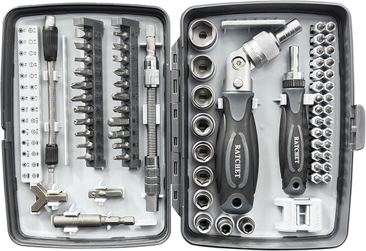 Precision Ratcheting Screwdriver Set, 68 in 1 Socket Set & Magnetic Screwdriver Bit Set with Rotatable Ratchet Handles and Extensions Bar for Phone/Computer/Bike/Car/Electronics Maintenance (Gray)