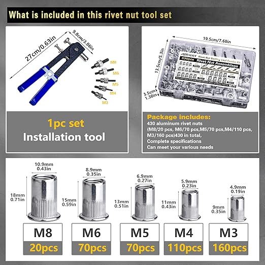 Pressure Rivet Nut Tool Kit, 430Pcs Metric Rivet Nut Combination (M8/M6/M5/M4/M3), Suitable for Furniture, Decoration, Automotive, Marine and Industrial Applications