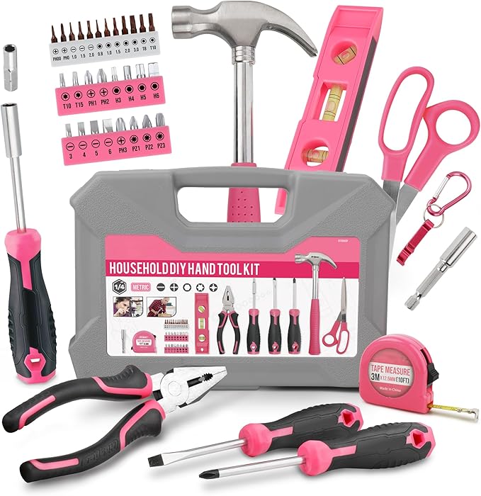 Hi-Spec 42pc Small Tool Box Set for Women. Home, Office and College Dorm Household DIY Screwdriver Toolkit of Starter Basic Ladies Pink Tools