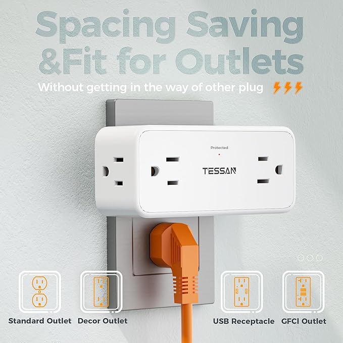 Multi Plug Wall Outlet, TESSAN 4 Outlet Extender with 3 USB (1 USB C), Multi Plug Surge Protector 900J, Multiple Wall Charger for Home Office Dorm Room Essentials, White