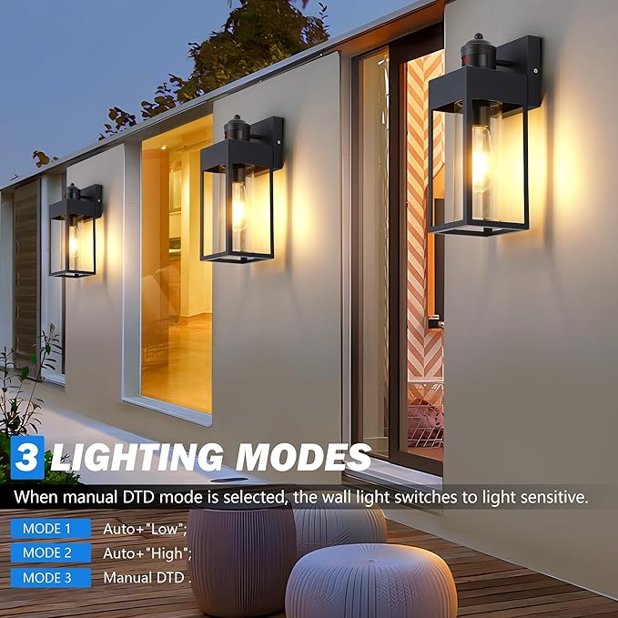Motion Sensor Outdoor Wall Lanterns 2 Packs, Dusk to Dawn Exterior Light Fixture, 3 Lighting Modes, Waterproof Front Porch Lights for Garage Patio Garden House Entryway, Black.