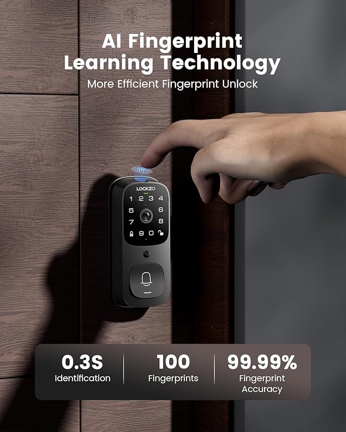 Smart Lock with Camera, 6-in-1 WiFi Doorbell Keyless Entry Door Lock, Deadbolt Lock for Front Door, Fingerprint, Keypad Code, App Control, IP65 Waterproof, BHMA, Support Alexa&Google Assistant