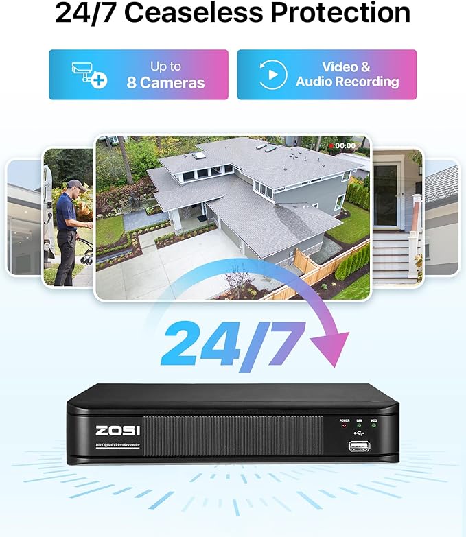 ZOSI 1080P H.265+ Home Security Camera System, AI Human Vehicle Detect, 5MP Lite 8 Channel Surveillance DVR, 8 x 1080p Weatherproof CCTV Dome Camera Outdoor, 80ft Night Vision, Remote Access (No HDD)