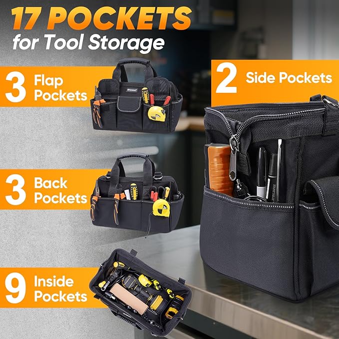 TICONN Heavy Duty Tool Bag with Multi-Pockets, Portable Tool Box Organizer Storage Bag, with Adjustable Shoulder Strap and Ergonomic Handle (Black, 16" Standard Base)