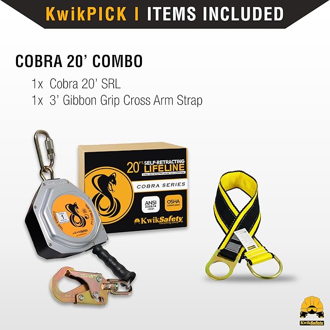 KwikSafety - Charlotte, NC - Cobra 20' Combo [Cable Self Retracting Lifeline + 3FT Cross Arm Strap] Class 1 SRL ANSI OSHA Retractable Fall Arrest Construction Roofing PPE Gear