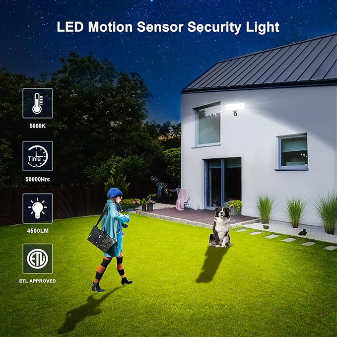 EMANER Motion Activated Security Light, Outdoor Floodlight Dusk to Dawn & Motion Sensor Adjust, Daylight Frosted Lens, ETL Listed 45W Wired Wall Light for Entryway/Yard/Garden, (1-Pack, Black)