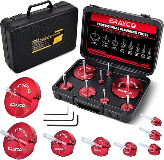 8PCS PVC Pipe Reamer Kit, Plastic Pipe Fitting Reamer Tool, Fit into Standard 1/2" Drills, PVC Fitting Saver for SCH40 PVC CPVC ABS Pipe (1/2'', 3/4'', 1'', 1-1/2'', 1-1/4'', 2'', 3'', 4'')