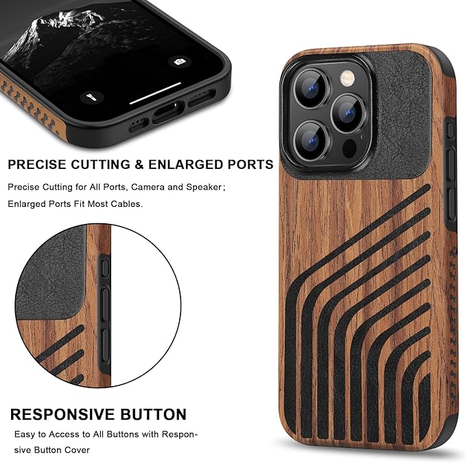 TENDLIN Compatible with iPhone 15 Pro Max Case Wood Grain with Carbon Fiber Texture Design Leather Hybrid Slim Case (Hairline)