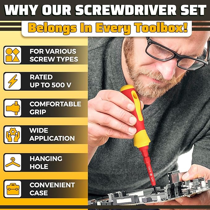 14 Tips Multi Bit Screw Driver Kit - Screwdriver Set for Various Uses, Versatile Head Types (Crosshead, Slotted, 6-Point, Square, Hexagonal), Strong Magnetic Tips and Insulated Cover, Convenient Case