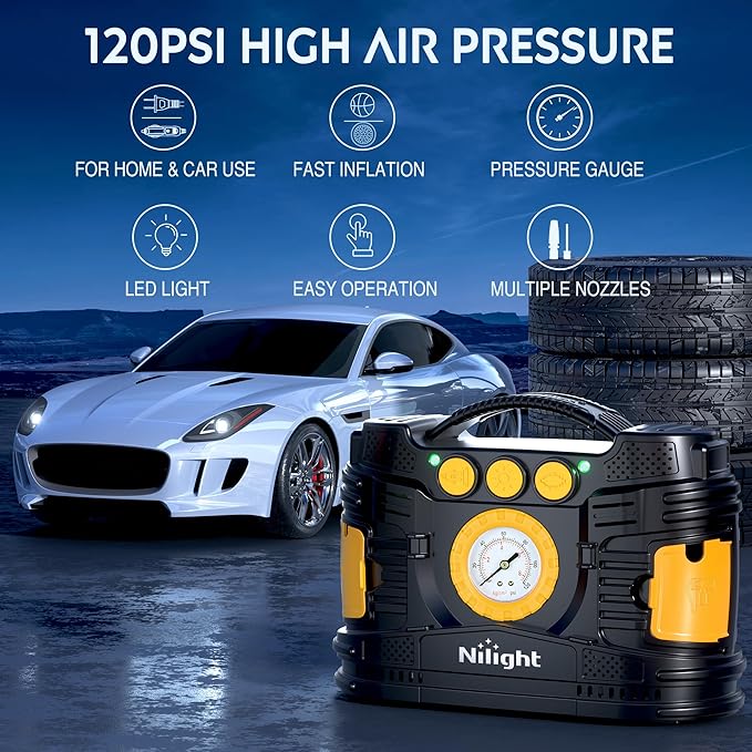Nilight Tire Inflator Portable Air Compressor Dual Power Car 12V DC Home 110V AC Pump w/Analog Pressure Gauge Fast Inflate Auto Shutoff for Cars SUV Motorcycle Bicycle