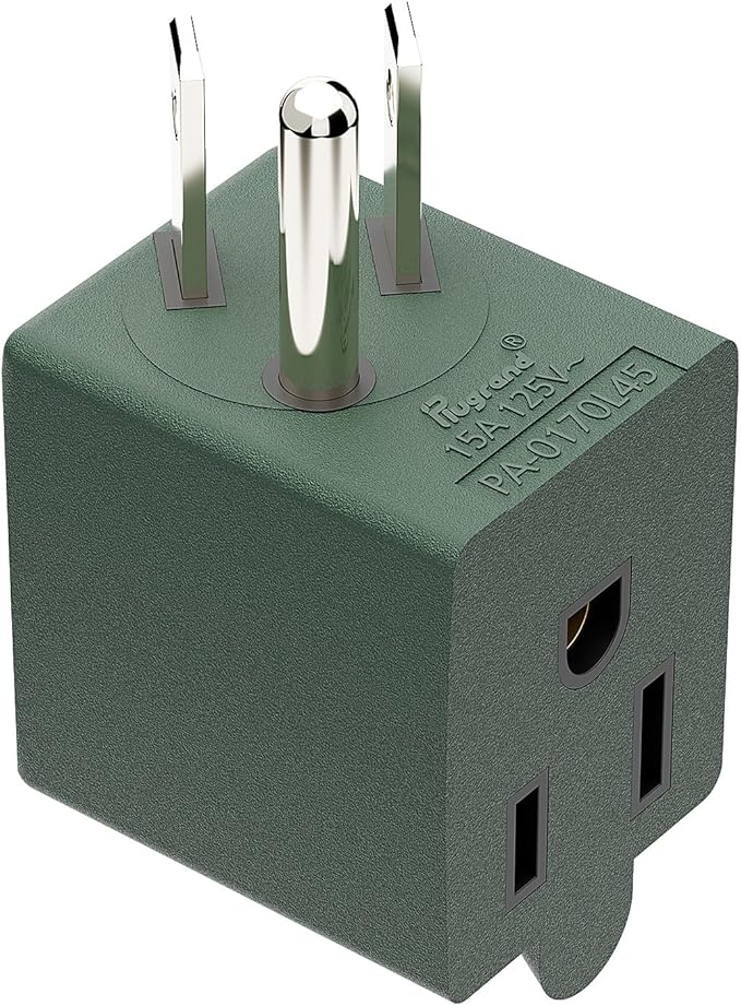 90 Degree Leftward Angled USA 3-Prong Male-Female Adapter, 5-15P to 5-15R Direction Changer, Green