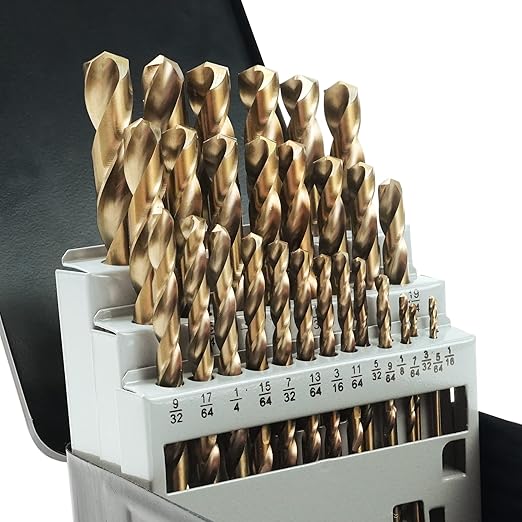 29Pcs Cobalt Drill Bits Set, M35 High Speed Steel, 135 Degree Tip, Stainless Steel, Plastic and Wood with Metal Indexed Storage Case 1/16"-1/2"