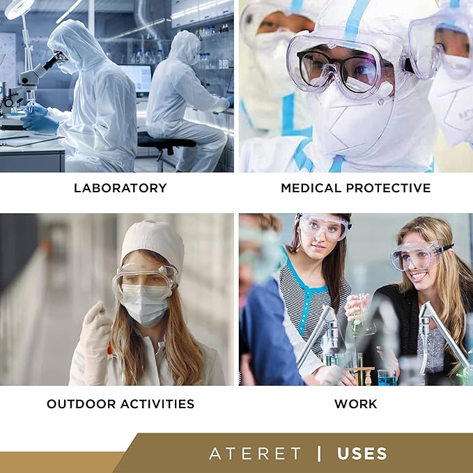 ATERET Anti-Fog Protective Safety Goggles I Lightweight Adjustable Clear Lens Eyewear I Chemical Splash Protection Eyeglass