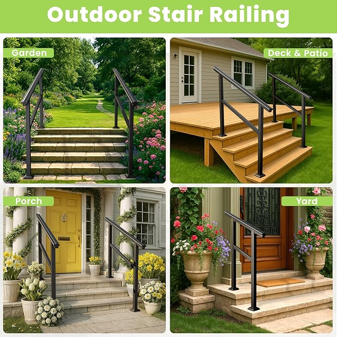SPACEEUP Hand Rails for Outdoor Steps,2 Step Handrail，24" x 34" Fits 0 to 2 Steps, Outdoor Stair Handrail Kit, Black Railings for Outdoor Steps for Porch Deck，Hand Rails for Seniors