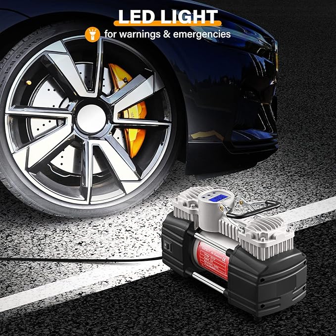 GSPSCN Portable 12V Air Compressor Pump Digital Display Tire Inflator with LED Flashlight, Heavy Duty Dual Cylinder Tire Pump 150 PSI with Locking Air Chuck for Auto,SUV,Off-Road,Truck,RV,Bike etc