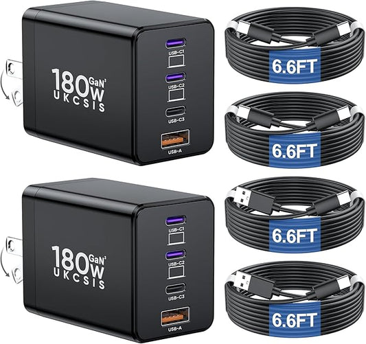 2 Pack 180W USB C Charger Block, Foldable 4-Port GaN Fast Charger, Dual 65W Type C Charging Block, Laptop Fast Charging Adapter for MacBook Pro/Air, iPad, iPhone, Samsung Galaxy Black