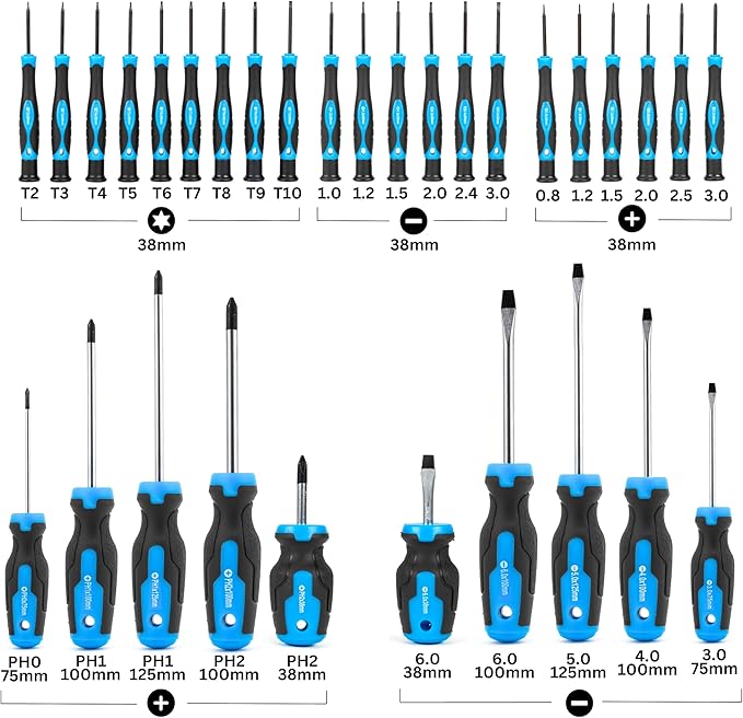 NEIKO 01379A Master Screwdriver Set, 32 Piece Magnetic Precision Screwdrivers, Phillips, Flathead, Slotted, and Torx Drivers, Includes Magnetizer and Demagnetizer, Small Magnetic Screwdrivers