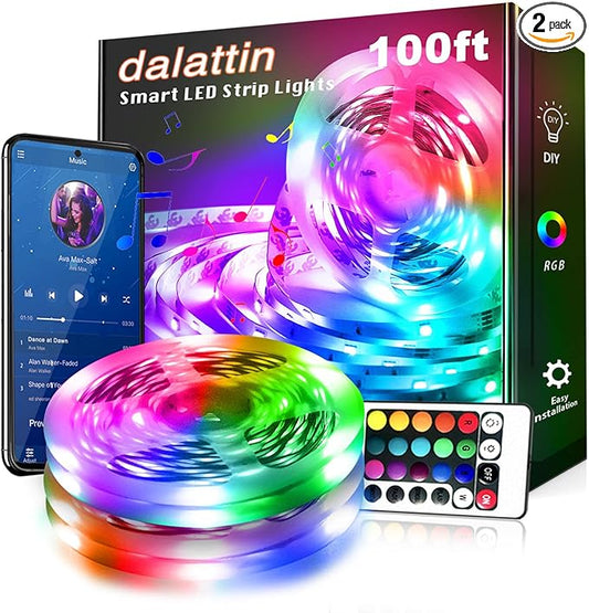 dalattin Bluetooth Led Lights for Bedroom 100ft,Smart Led Strip Lights with App Control Remote Control, RGB LED Light Strips,Music Sync Color Changing Room Decoration Party, (2 Rolls of 50ft)