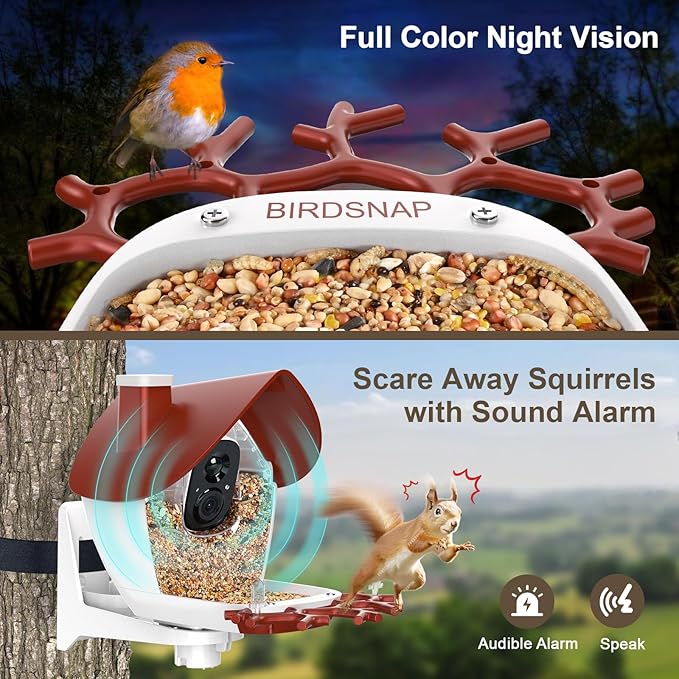 birdsnap® P33 - Bird Feeder with Camera Solar Powered, 2K Video Bird Camera Feeder Live with 32GB Card, AI Identify Feather Species, Auto Record in Backyard, for Birds Lover