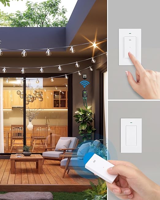 DEWENWILS Outdoor Wireless Remote Control Dual 3-Prong Outlet Weatherproof, Expandable Indoor Electrical Power Strip with Wall/Portable Light Switch, 15A, 7-inch Cord 100FT Range, ETL Listed