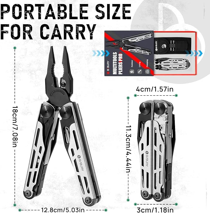 BIBURY Multitool Pliers Pro BI2045, Foldable Multitools with Replaceable Wire Cutters and Saw, Stainless Steel Multi Tool w/Upgraded Scissors and Screwdriver Set, Ideal for Camping, Hiking, Survival