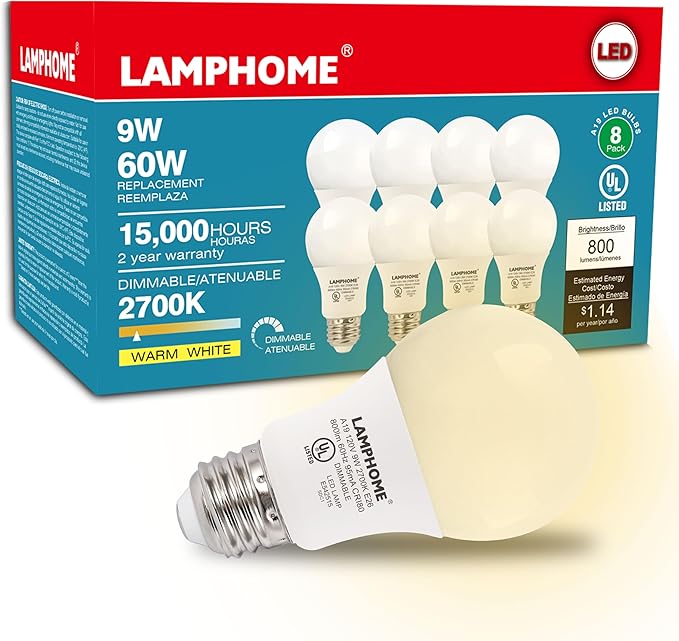 8-Pack Soft White LED Bulbs - Ideal for Bedroom & Living Room, 60W Equivalent, 2700K, 9W, 15000-Hour Life, E26 Base
