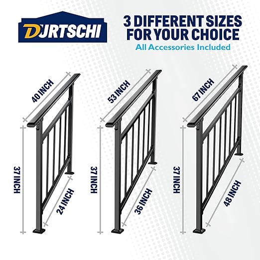 Updated Handrails for Outdoor Steps, 4-5 Steps Wrought Iron Stair Railing with Fence, Flexible Exterior Hand Railing for Concrete or Wooden Stairs, Black Transitional Handrails with Installation Kit