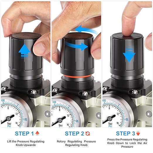 TAILONZ PNEUMATIC 3/4 Inch NPT Industrial Grade Three Stage Air Drying System, Coalescing Filter, 0-240PSI Desiccant Dryer and Air Regulator (Manual Drainage)