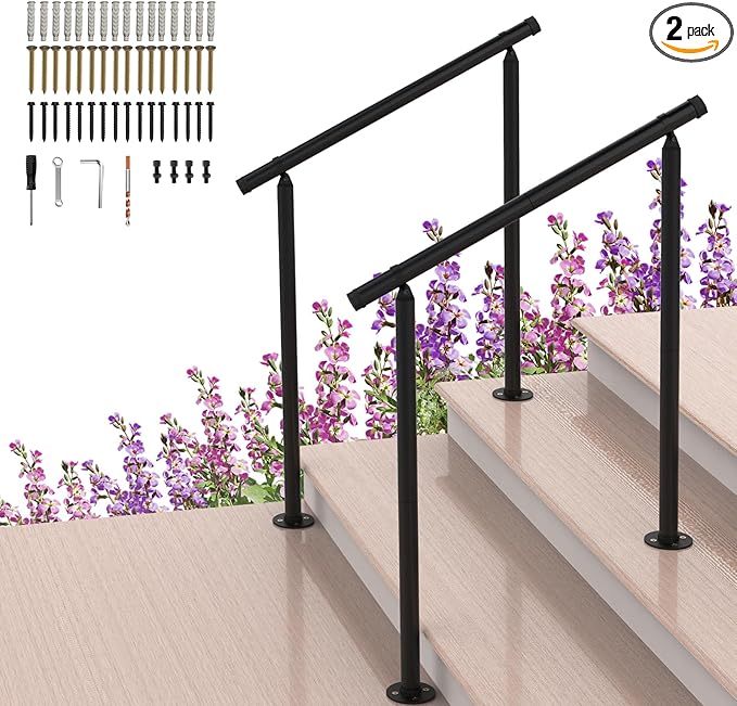 2 Pack Handrails for Outdoor Steps,2 to 3 Steps HandRail Outdoor Stair Railing, Metal Porch Railing, Deck Hand Rail, Black Wrought Iron Railing with Installation Kit for Concrete Steps