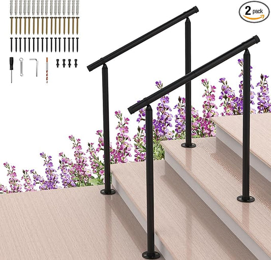 2 Pack Handrails for Outdoor Steps,2 to 3 Steps HandRail Outdoor Stair Railing, Metal Porch Railing, Deck Hand Rail, Black Wrought Iron Railing with Installation Kit for Concrete Steps