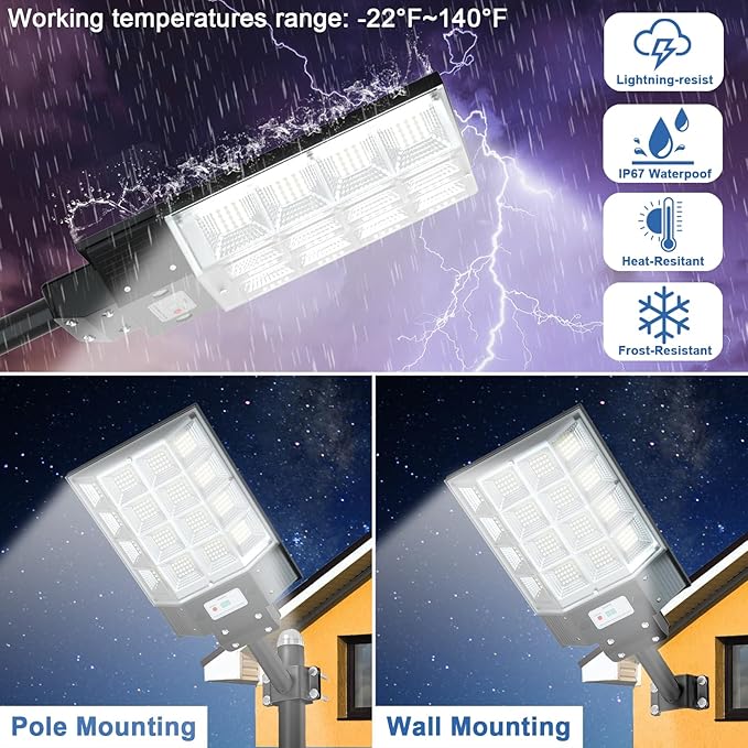 Solar Street Lights Outdoor Waterproof, 8000W Solar Flood Light with Motion Sensor Dusk to Dawn Commercial Parking Lot Light