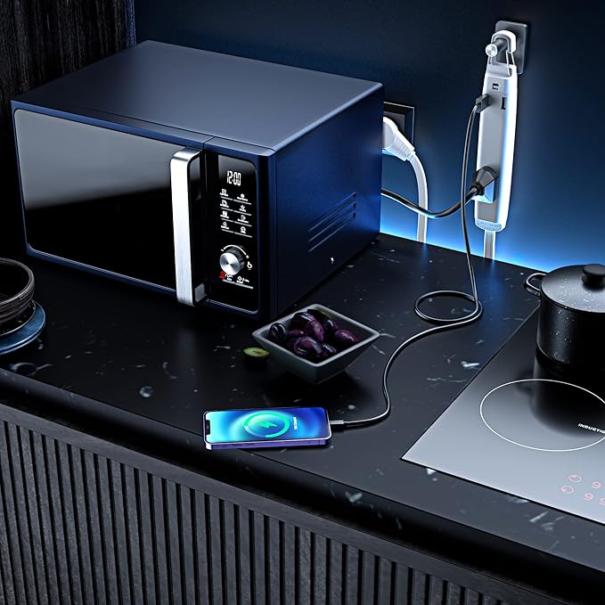 360° Rotating Flat Plug Extension Cord with USB Ports and a Removable Hook White Extension Cord 6 ft (16 Gauge) UL Certified